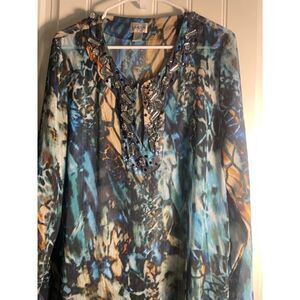 Chico's Ladies Size 2 Sheer, Jewel Tones, Long Bell Sleeves, Embellished top